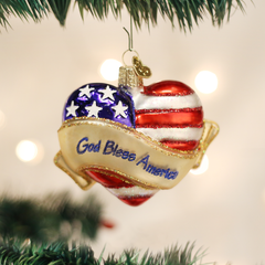 God Bless America Heart Glass Blown Ornament Handcrafted