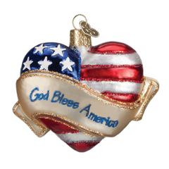 God Bless America Heart Glass Blown Ornament Handcrafted