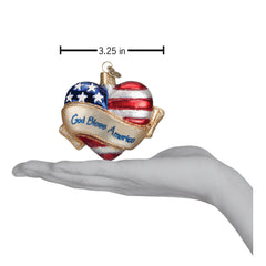 God Bless America Heart Glass Blown Ornament Handcrafted