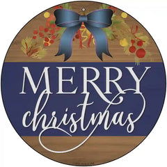 Merry Christmas Blue Bow Novelty Metal Circle Sign 12" (C)