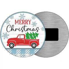 Merry Christmas Truck With Tree Novelty Metal Circle Sign 3.5" (CM)