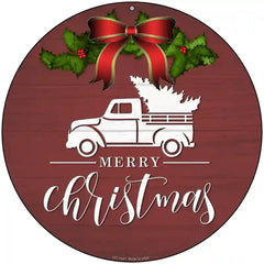 Merry Christmas Truck Red Novelty Metal Circle Sign 8" (UC)