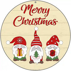 Merry Christmas Gnomes Tan Novelty Metal Circle Sign 8" (UC)