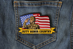 Duty Honor Country Patch Soldier Saluting with American Flag - 4.5x2.4 inch