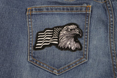 Silver Eagle US Flag Facing Right Patriotic Iron on Patch - 4x2.5 inch