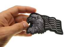 Eagle With Waving Flag Black Silver Patriotic Iron on Patch - 4x2.5 inch