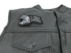 Eagle With Waving Flag Black Silver Patriotic Iron on Patch - 4x2.5 inch