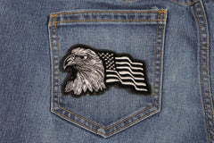 Eagle With Waving Flag Black Silver Patriotic Iron on Patch - 4x2.5 inch