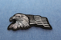 Eagle With Waving Flag Black Silver Patriotic Iron on Patch - 4x2.5 inch