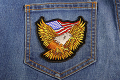 Gold Eagle Patriotic Iron on Patch With US Flag Small - 3.5x3.5 inch