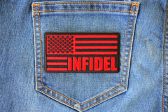 Black and Red American Flag Patch INFIDEL - 3.75x2 inch