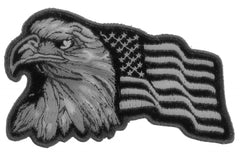 Eagle With Waving Flag Black Silver Patriotic Iron on Patch - 4x2.5 inch