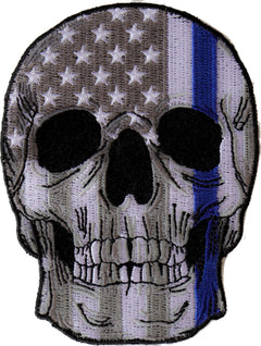 Blue Stripe American Flag Skull Police Patch - 3x4 inch