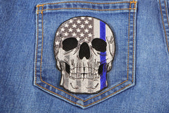 Blue Stripe American Flag Skull Police Patch - 3x4 inch