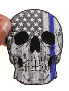 Blue Stripe American Flag Skull Police Patch - 3x4 inch