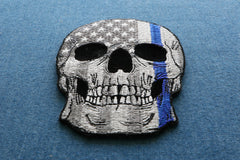 Blue Stripe American Flag Skull Police Patch - 3x4 inch