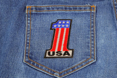 Reflective No 1 USA Patriotic Iron on Patch - 2x3 inch